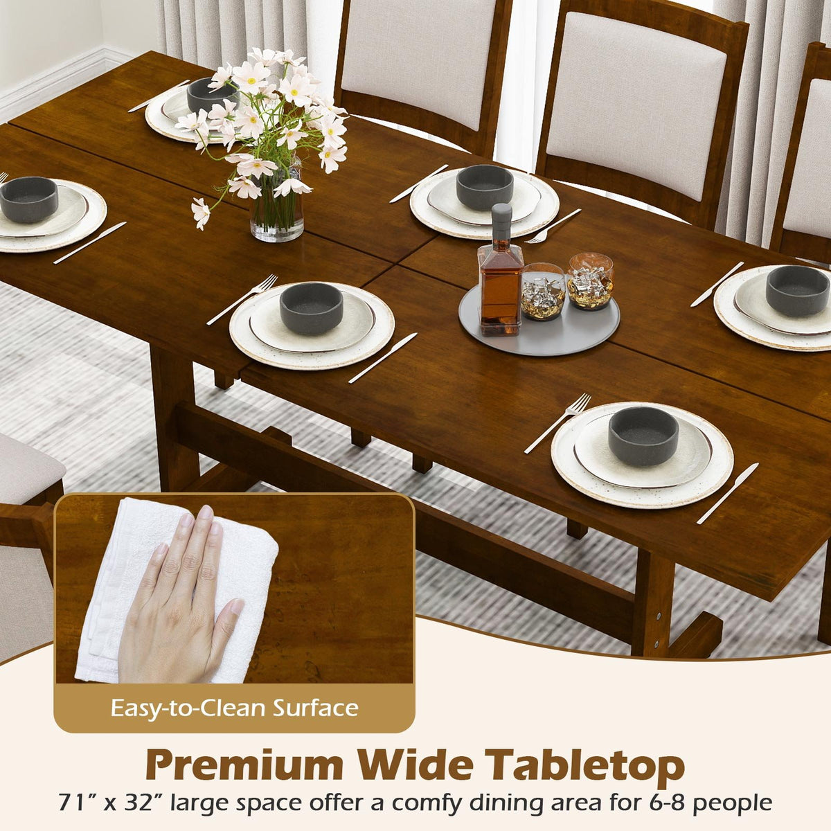 71 Inch Farmhouse Dining Table Wooden Kitchen Table for 6-8 with Rubber Wood Legs-Walnut view 8