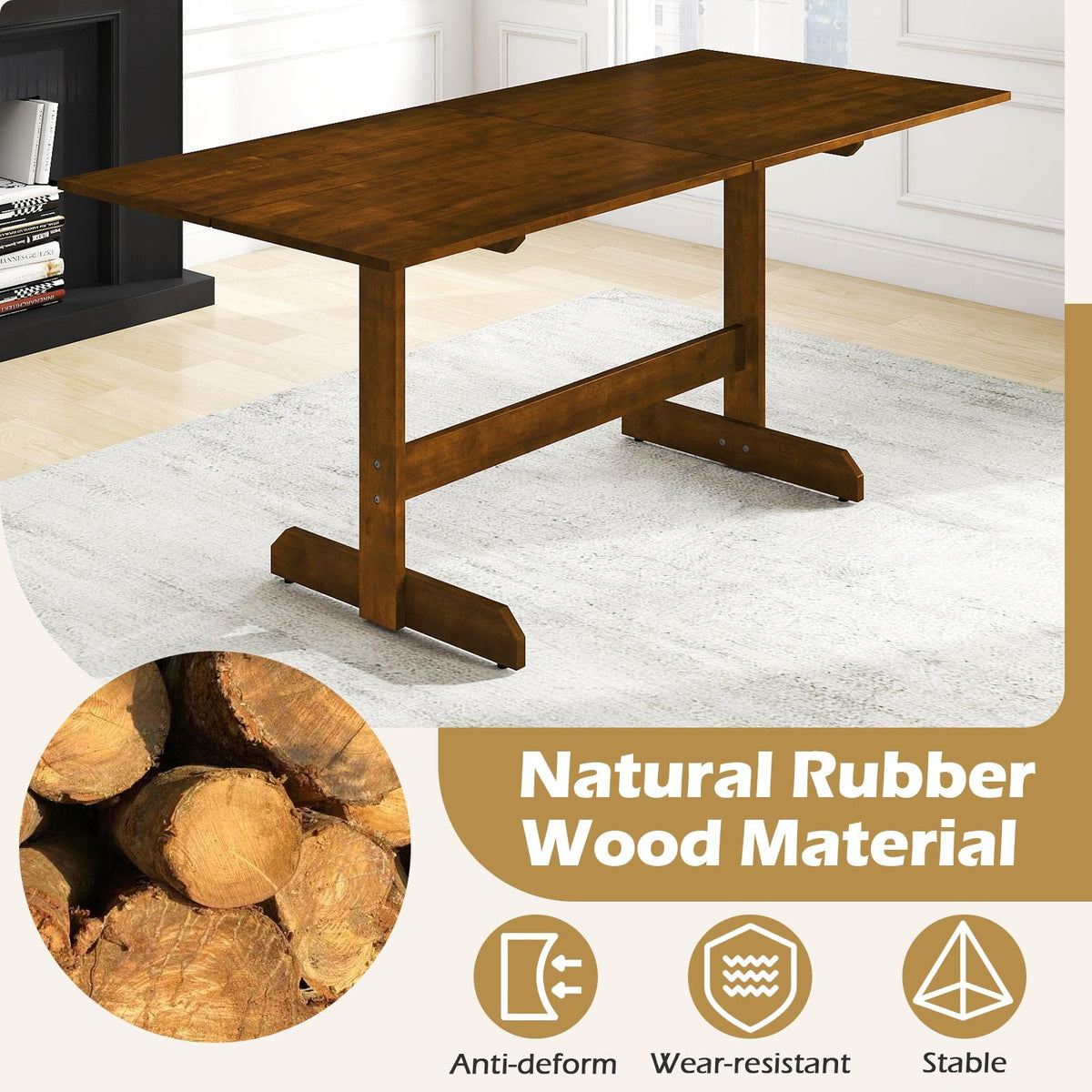 71 Inch Farmhouse Dining Table Wooden Kitchen Table for 6-8 with Rubber Wood Legs-Walnut view 9