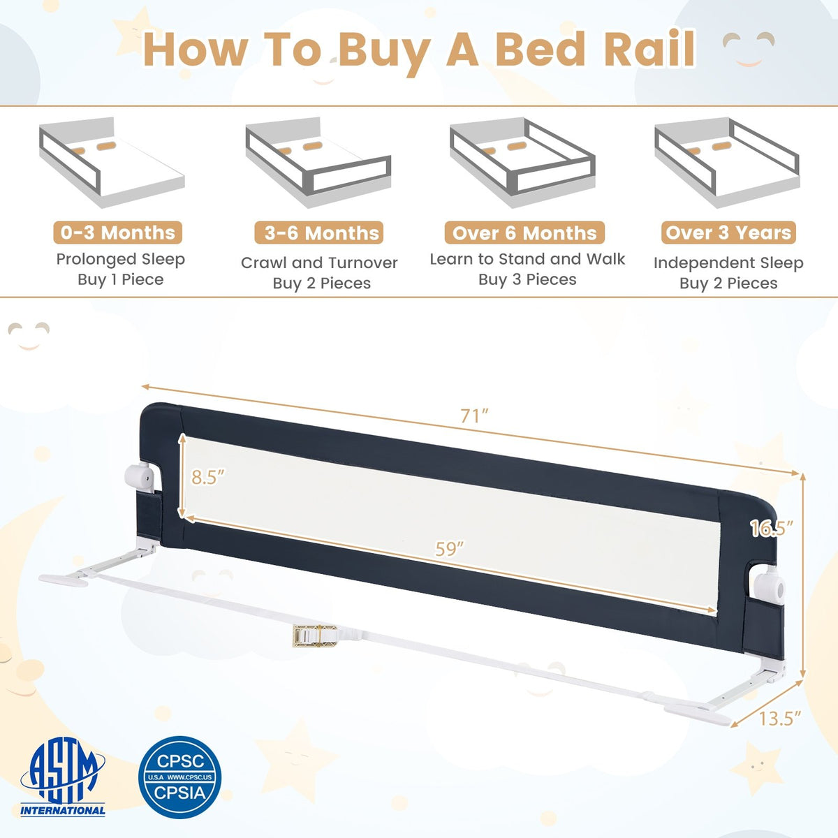 71-Inch Foldable Bed Rail Swing Down Baby Bed Guard Rail with Adjustable Safety Strap-Blue view 4