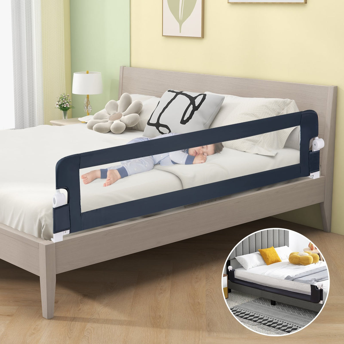 71-Inch Foldable Bed Rail Swing Down Baby Bed Guard Rail with Adjustable Safety Strap-Blue view 5