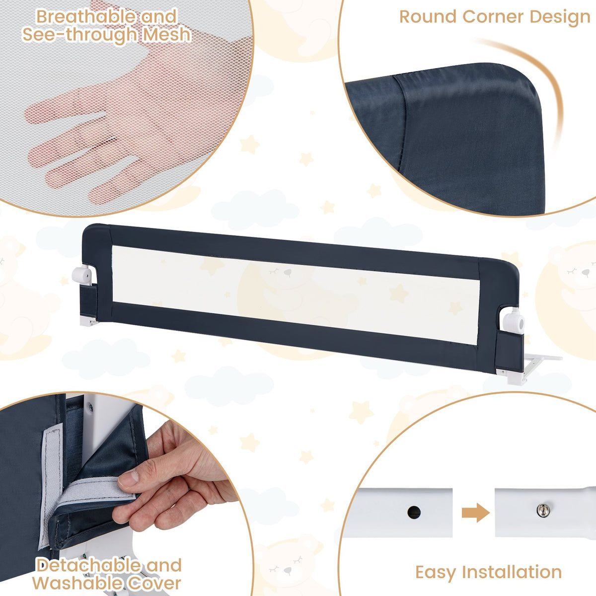 71-Inch Foldable Bed Rail Swing Down Baby Bed Guard Rail with Adjustable Safety Strap-Blue view 6