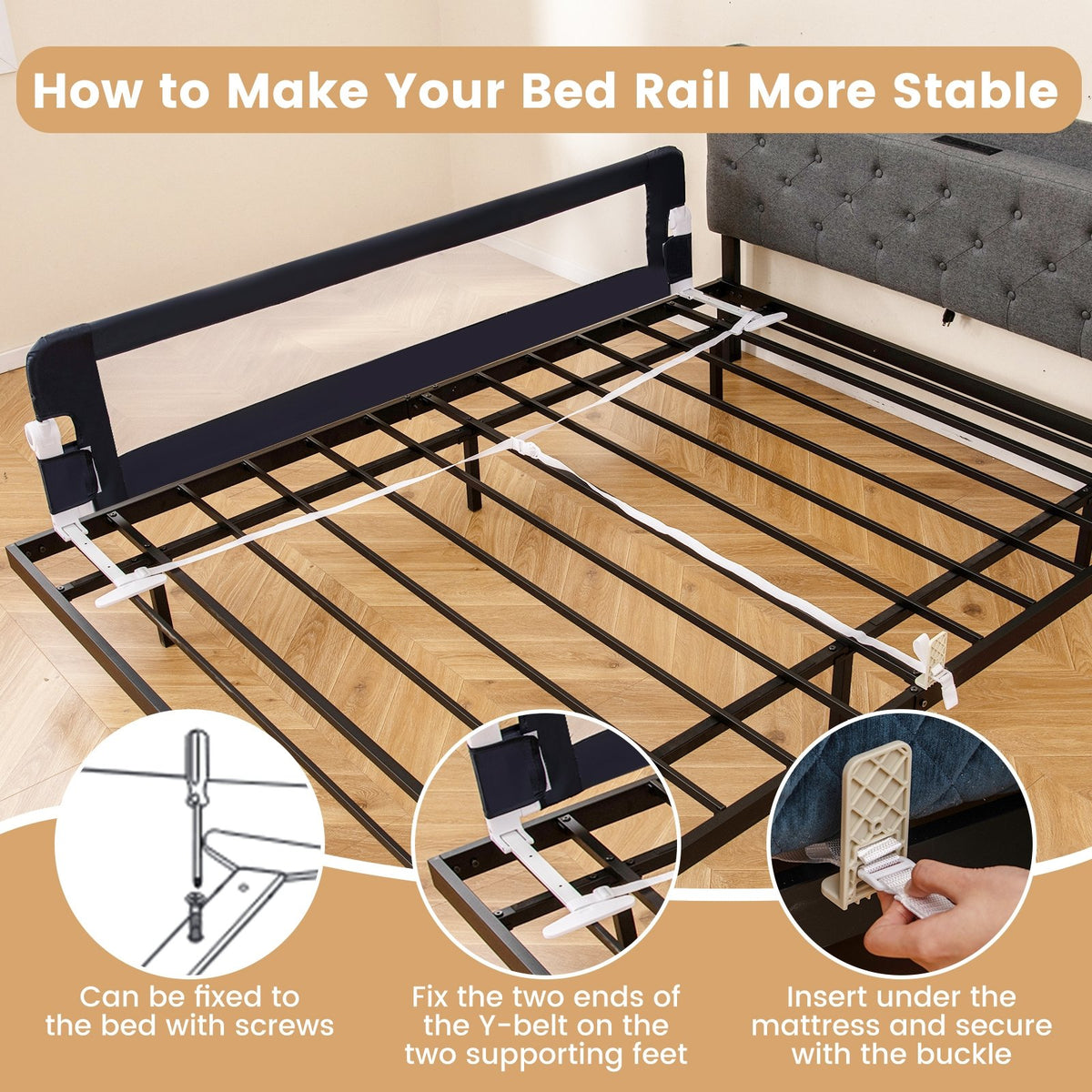 71-Inch Foldable Bed Rail Swing Down Baby Bed Guard Rail with Adjustable Safety Strap-Blue view 7