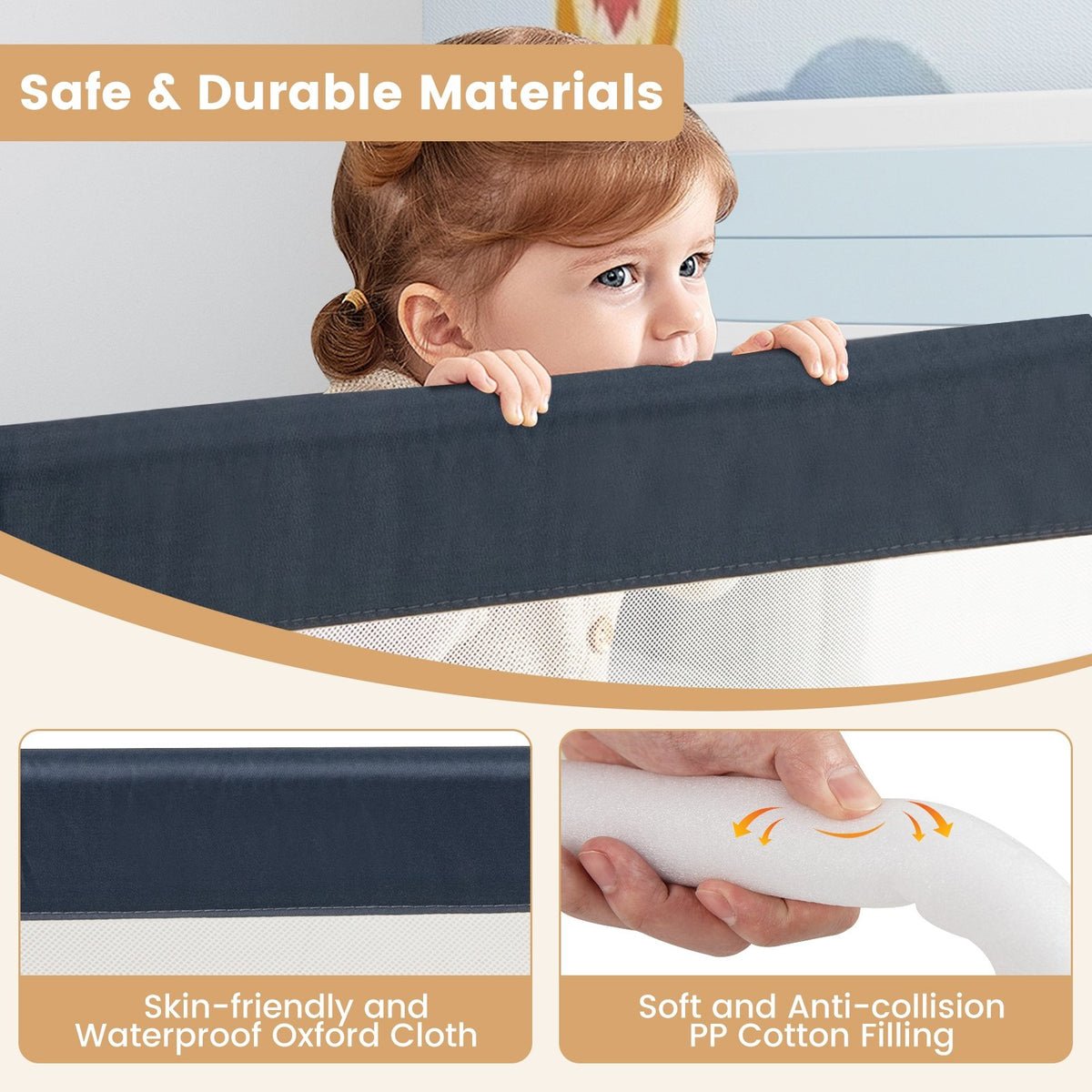 71-Inch Foldable Bed Rail Swing Down Baby Bed Guard Rail with Adjustable Safety Strap-Blue view 9