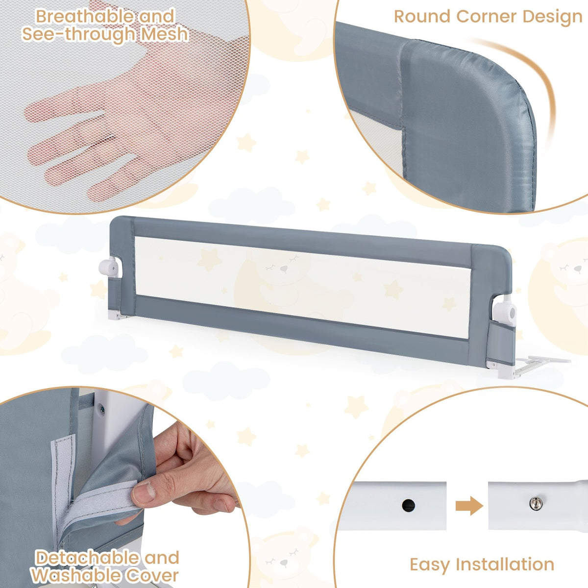 71-Inch Foldable Bed Rail Swing Down Baby Bed Guard Rail with Adjustable Safety Strap-Gray view 6