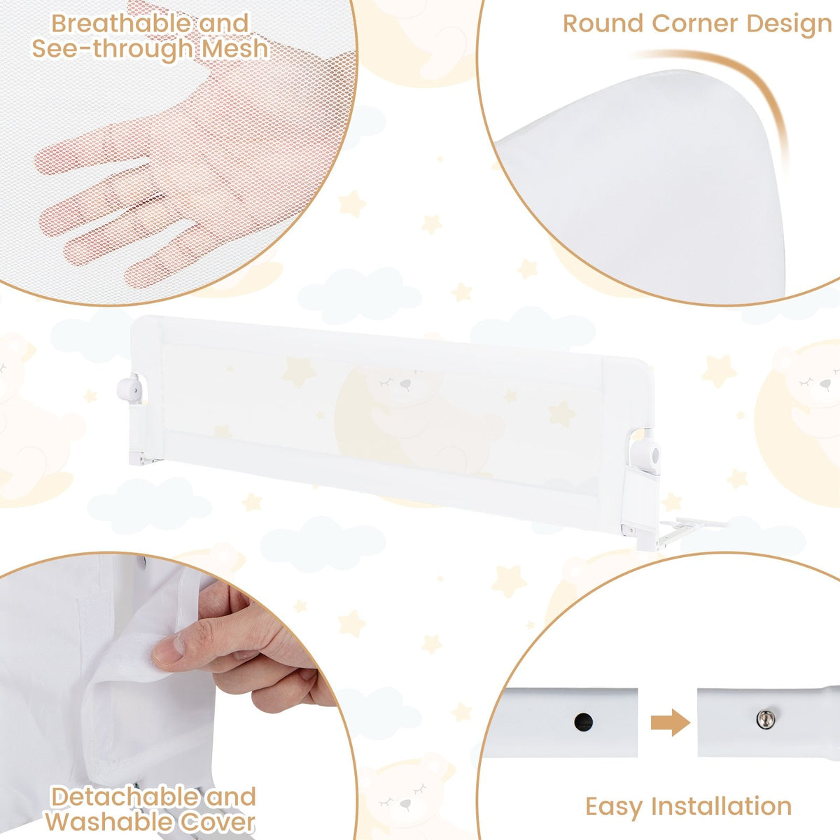71-Inch Foldable Bed Rail Swing Down Baby Bed Guard Rail with Adjustable Safety Strap-White view 6