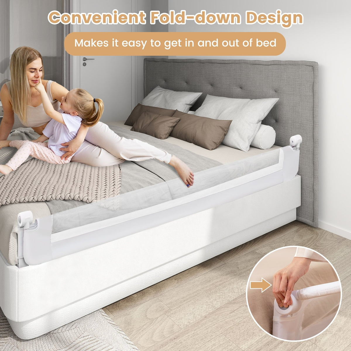 71-Inch Foldable Bed Rail Swing Down Baby Bed Guard Rail with Adjustable Safety Strap-White view 8