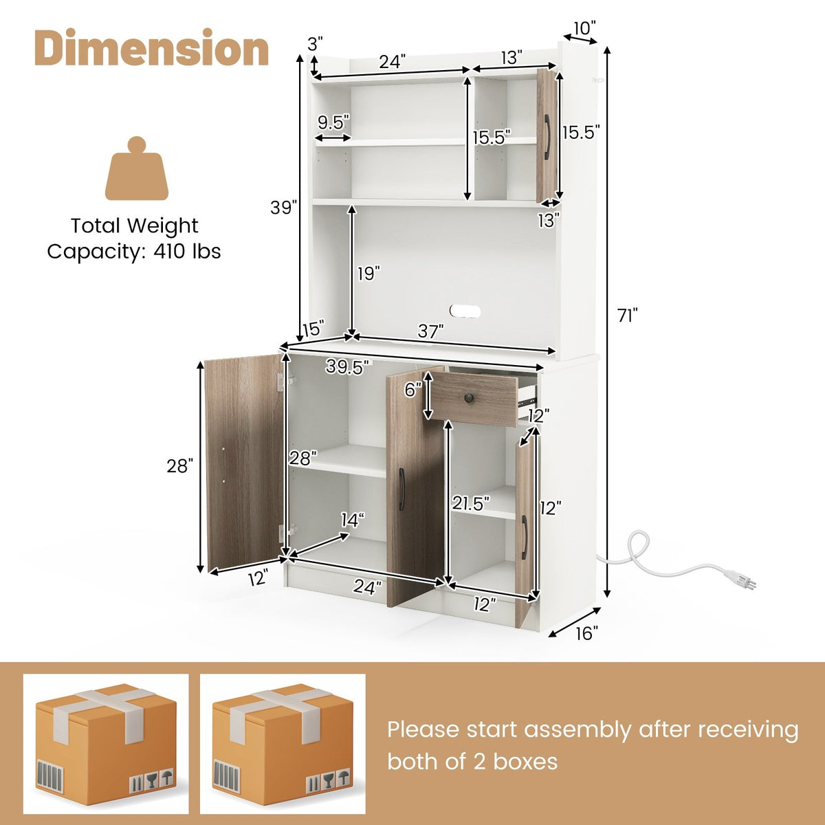 71 Inch Kitchen Pantry Storage Cabinet Buffet Sideboard with Built-in Charge Station-White view 5