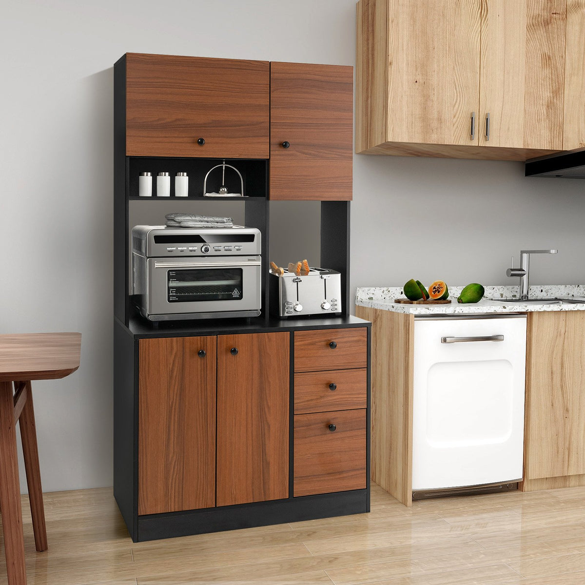 71 Inch Kitchen Pantry with 3 Storage Cabinet and 3 Deep Drawers-Black view 2