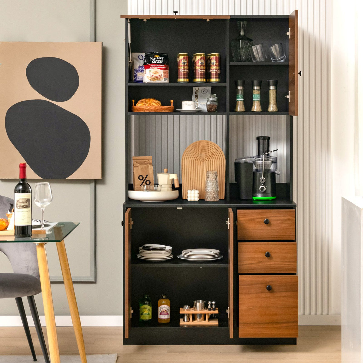 71 Inch Kitchen Pantry with 3 Storage Cabinet and 3 Deep Drawers-Black view 3