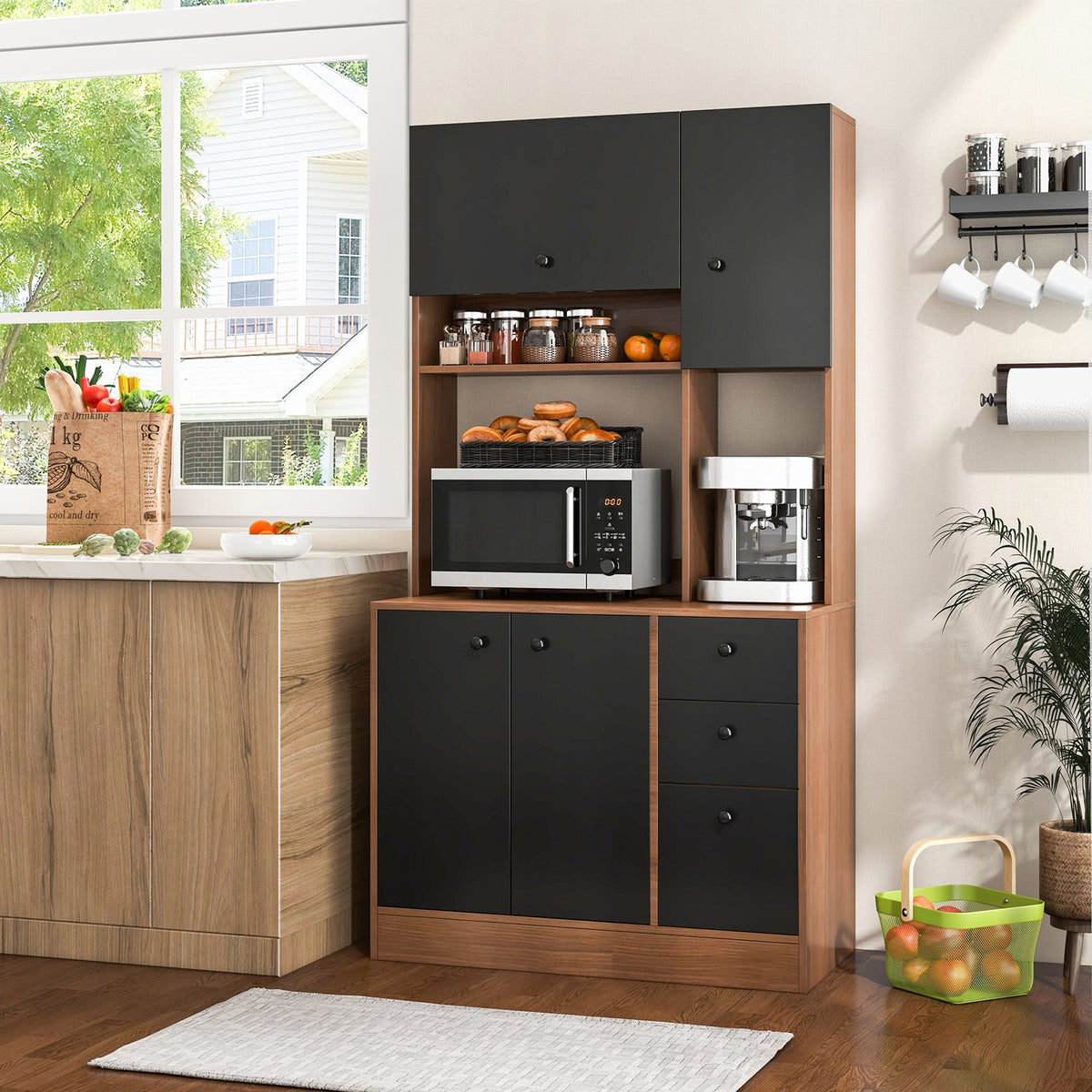 71 Inch Kitchen Pantry with 3 Storage Cabinet and 3 Deep Drawers-Walnut view 2