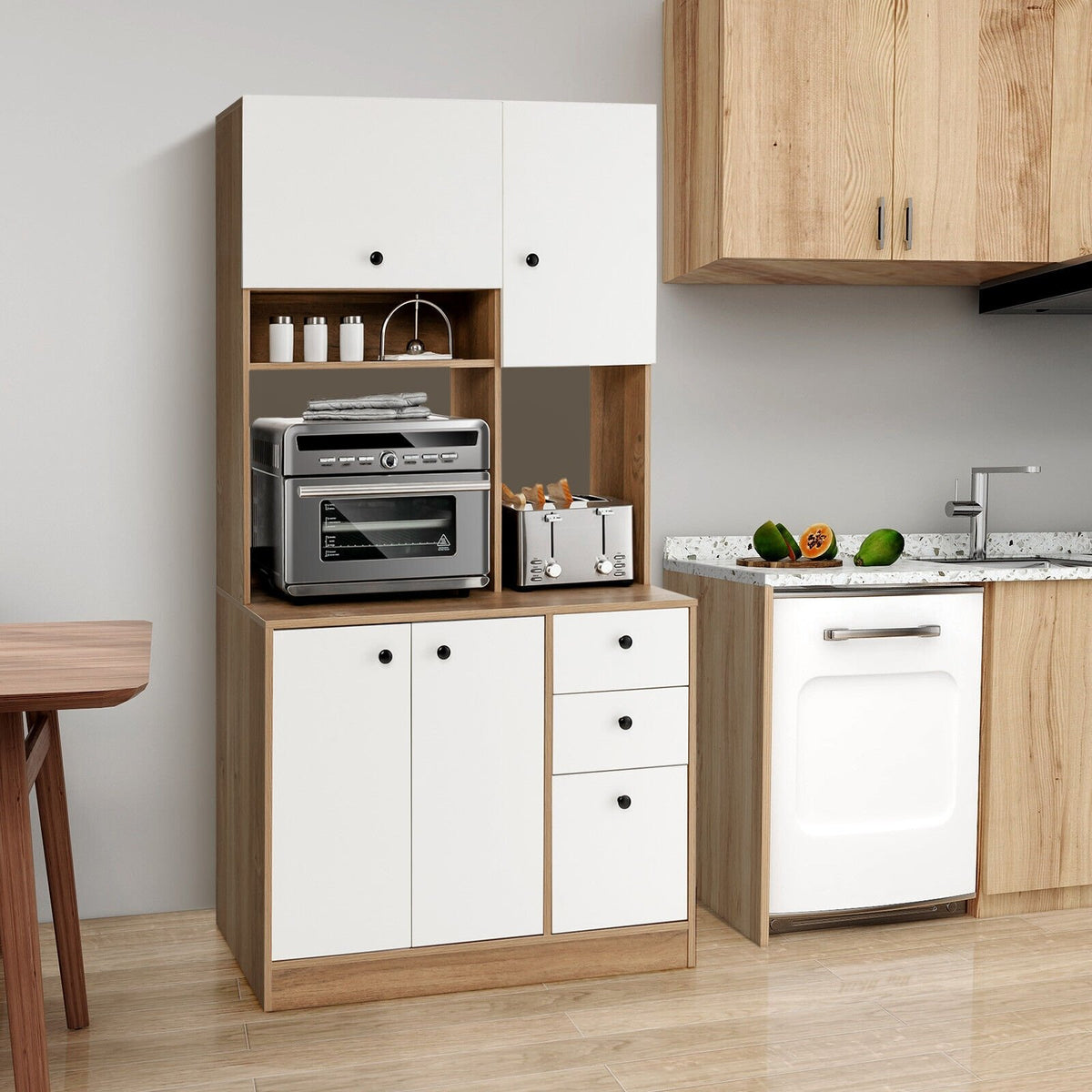 71 Inch Kitchen Pantry with 3 Storage Cabinet and 3 Deep Drawers-White view 3