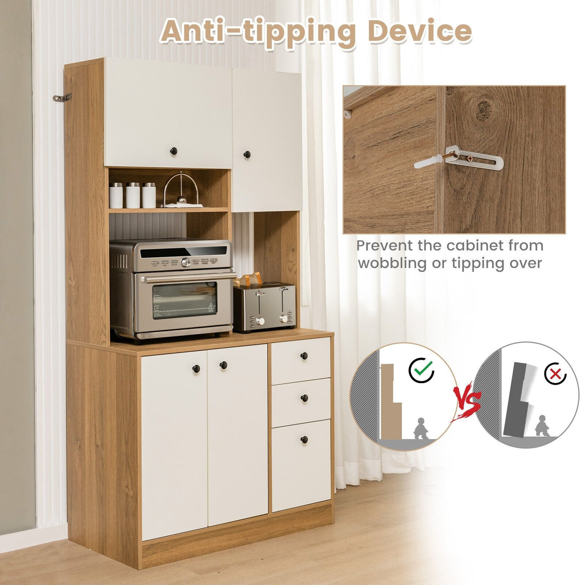 71 Inch Kitchen Pantry with 3 Storage Cabinet and 3 Deep Drawers-White view 8