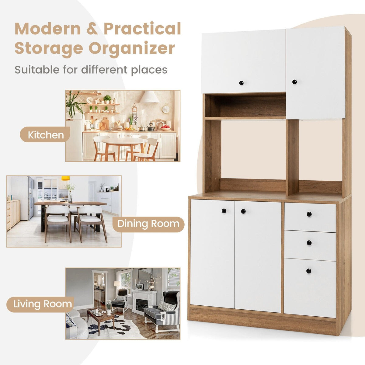 71 Inch Kitchen Pantry with 3 Storage Cabinet and 3 Deep Drawers-White view 9