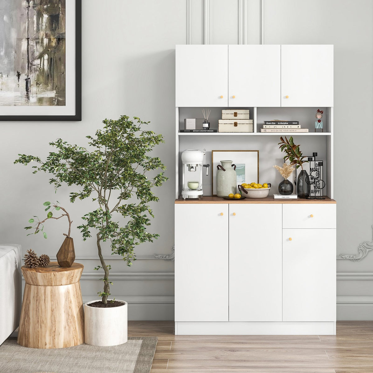 71 Inch Tall Pantry Cabinet with Outlets for Dining Room-White view 2