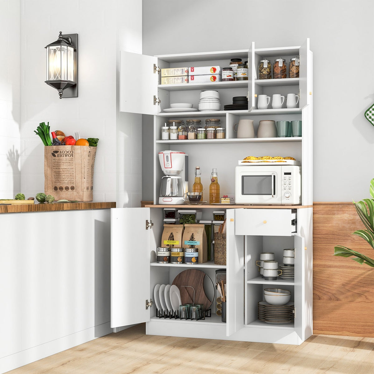 71 Inch Tall Pantry Cabinet with Outlets for Dining Room-White view 3