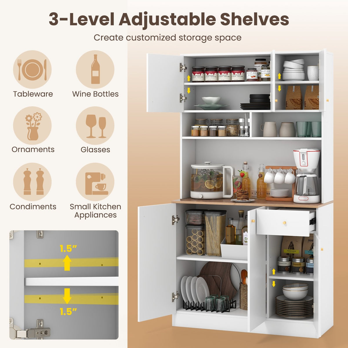 71 Inch Tall Pantry Cabinet with Outlets for Dining Room-White view 7