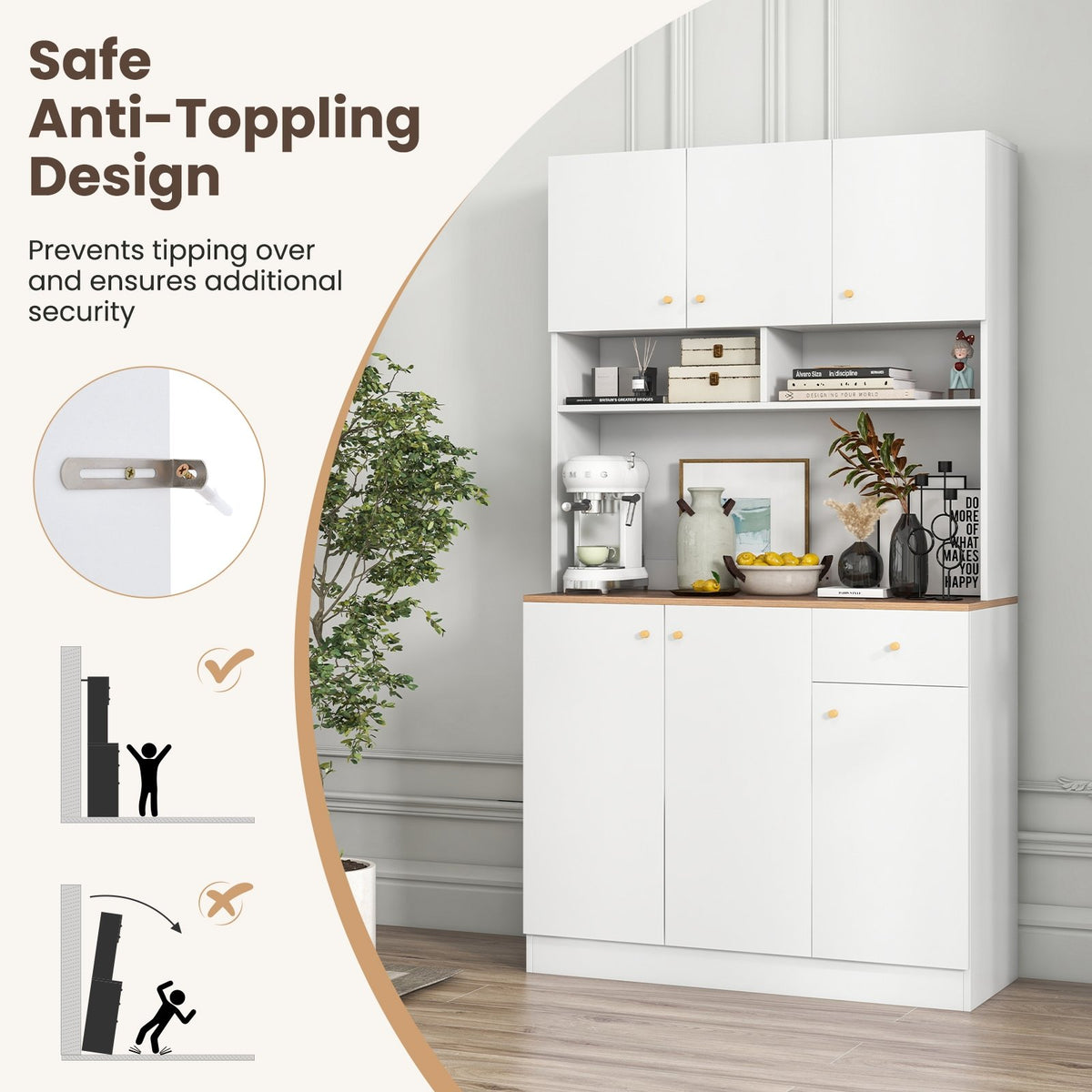 71 Inch Tall Pantry Cabinet with Outlets for Dining Room-White view 9