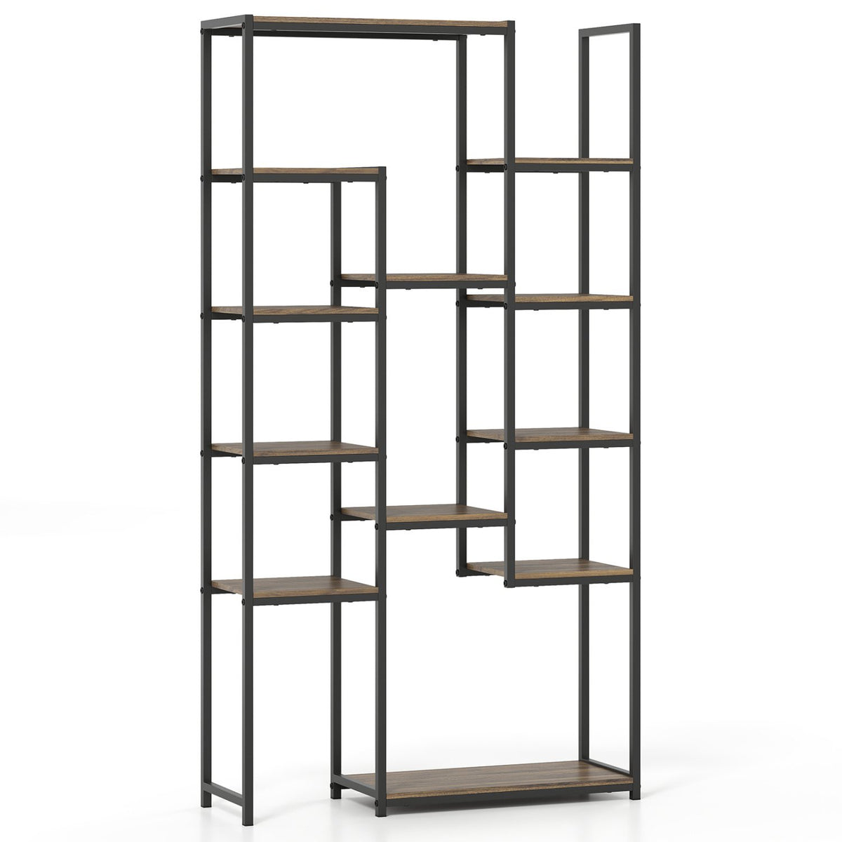 71 Inch Tall Vintage Geometric, Bookshelf 12 Open Shelves-Walnut