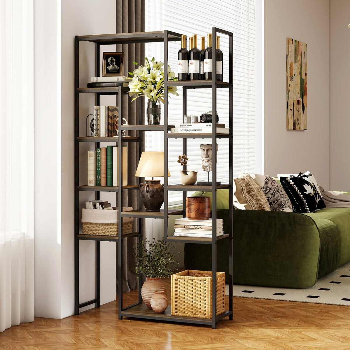 71 Inch Tall Vintage Geometric, Bookshelf 12 Open Shelves-Walnut view 2