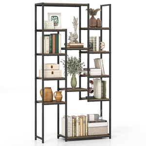 71 Inch Tall Vintage Geometric, Bookshelf 12 Open Shelves-Walnut view 4