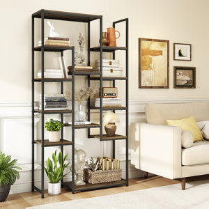 71 Inch Tall Vintage Geometric, Bookshelf 12 Open Shelves-Walnut view 6