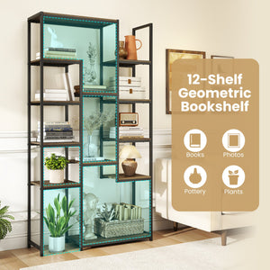71 Inch Tall Vintage Geometric, Bookshelf 12 Open Shelves-Walnut view 8