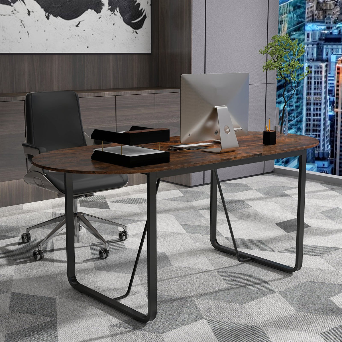 71 Inches Executive Table Oval Home Office Table with Cable Management Hole-Rustic Brown view 2