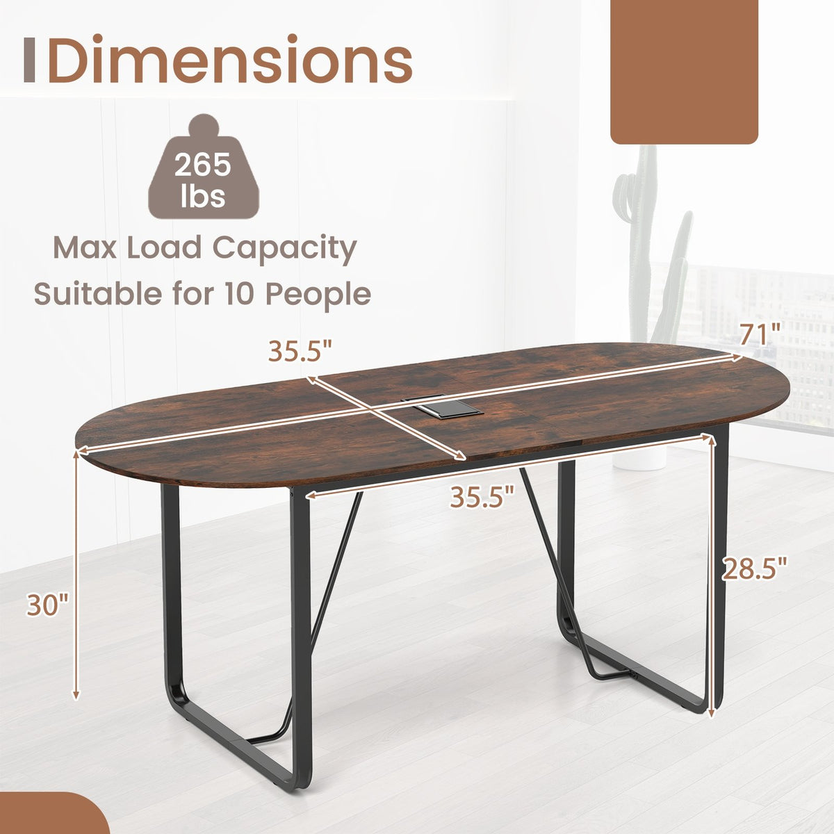 71 Inches Executive Table Oval Home Office Table with Cable Management Hole-Rustic Brown view 5