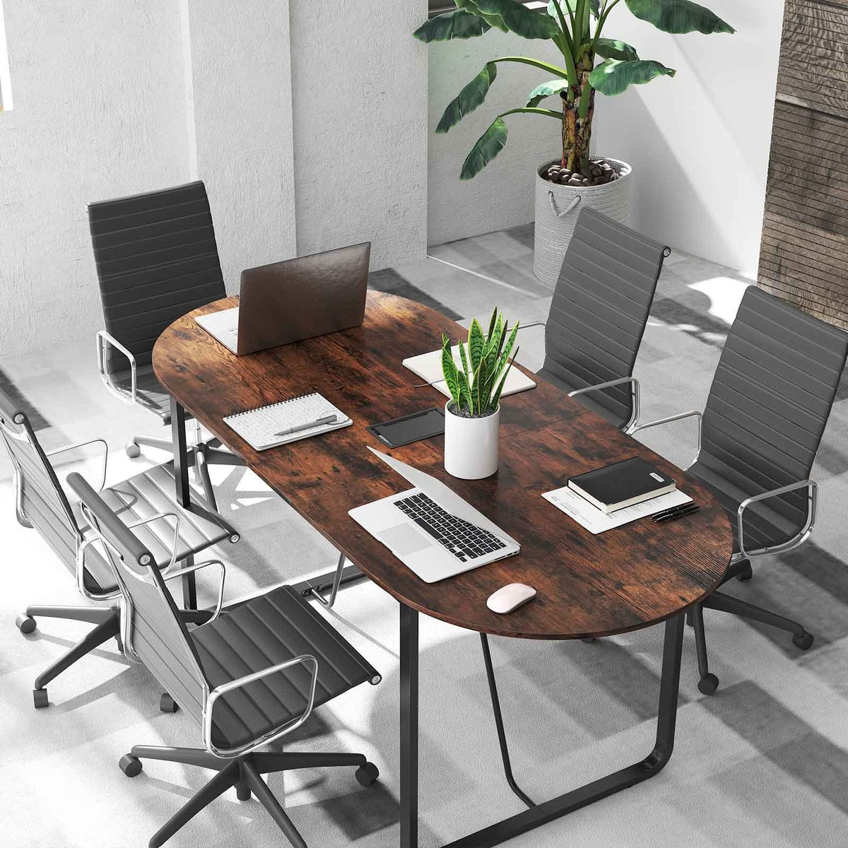71 Inches Executive Table Oval Home Office Table with Cable Management Hole-Rustic Brown view 6