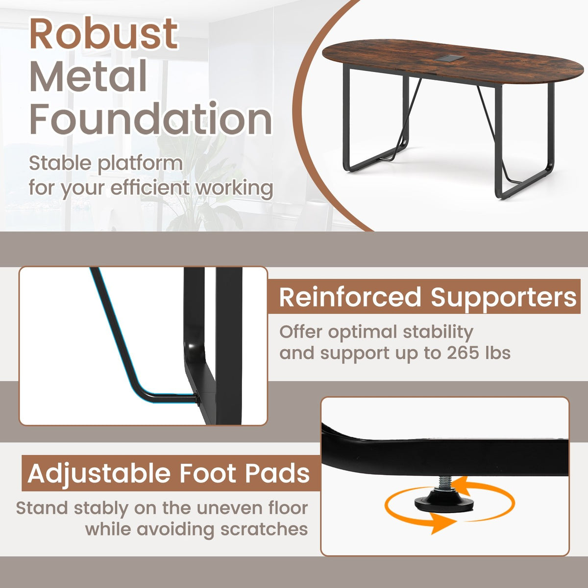 71 Inches Executive Table Oval Home Office Table with Cable Management Hole-Rustic Brown view 8