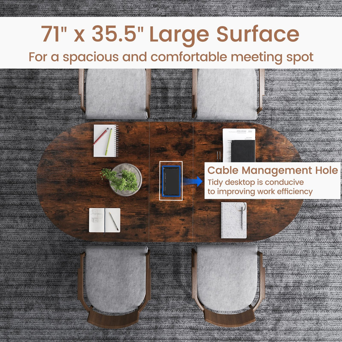 71 Inches Executive Table Oval Home Office Table with Cable Management Hole-Rustic Brown view 9