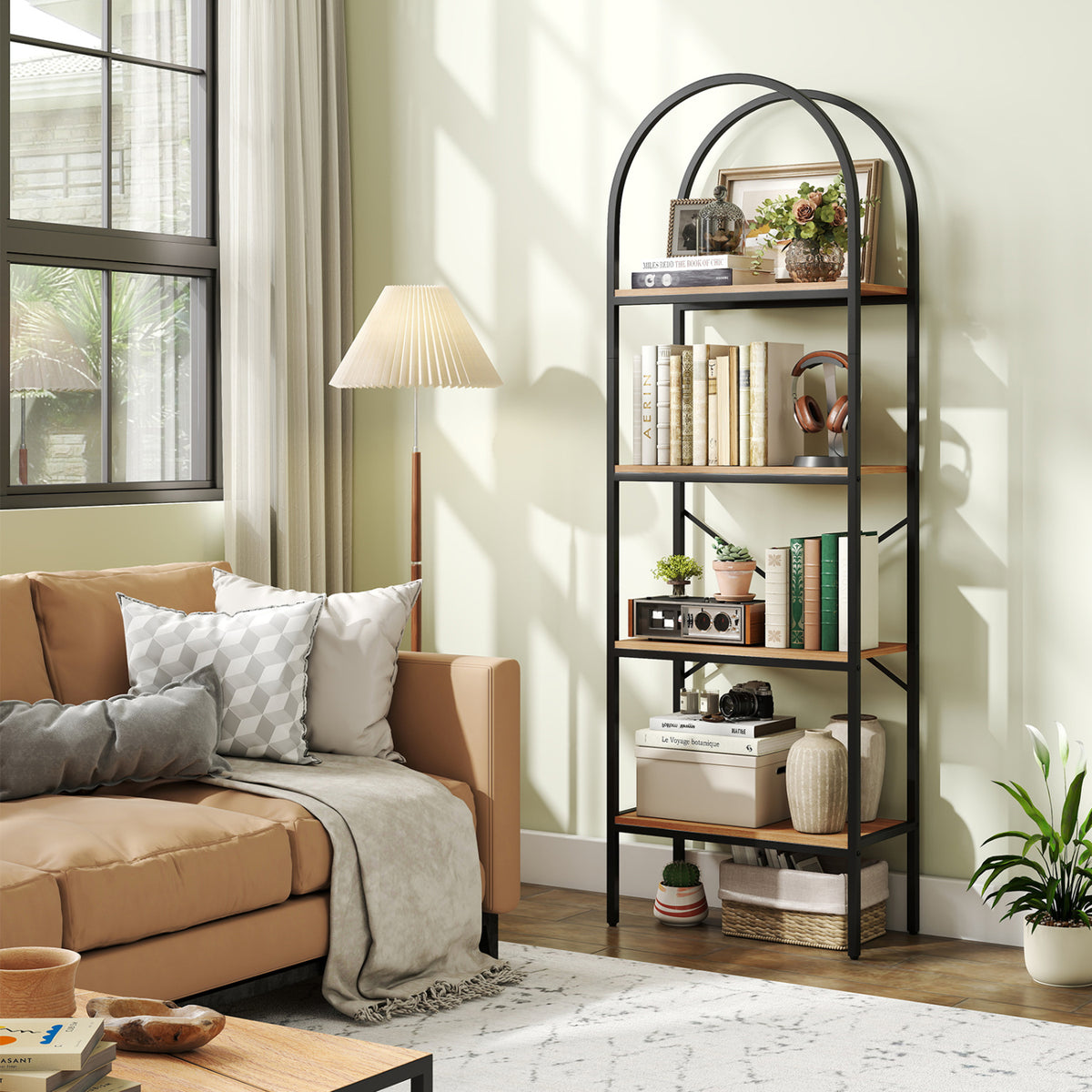 71 inches Tall Arched Bookcase 4-Tier with Storage Shelves & Metal Frame for Home Office-Brown & Black view 2