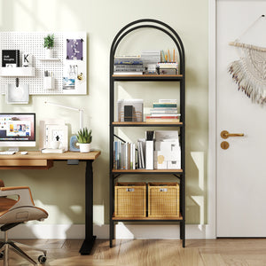 71 inches Tall Arched Bookcase 4-Tier with Storage Shelves & Metal Frame for Home Office-Brown & Black view 3