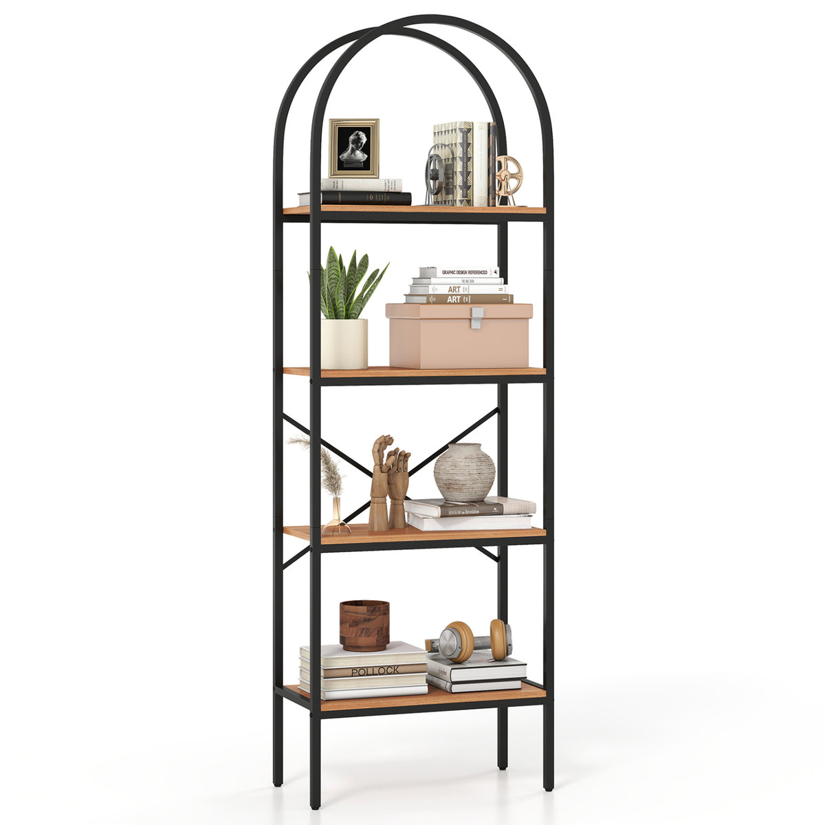 71 inches Tall Arched Bookcase 4-Tier with Storage Shelves & Metal Frame for Home Office-Brown & Black view 4
