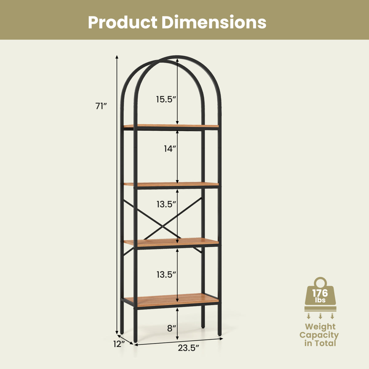 71 inches Tall Arched Bookcase 4-Tier with Storage Shelves & Metal Frame for Home Office-Brown & Black view 5