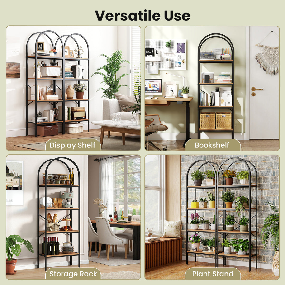 71 inches Tall Arched Bookcase 4-Tier with Storage Shelves & Metal Frame for Home Office-Brown & Black view 6