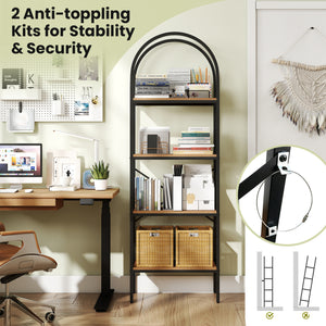 71 inches Tall Arched Bookcase 4-Tier with Storage Shelves & Metal Frame for Home Office-Brown & Black view 9