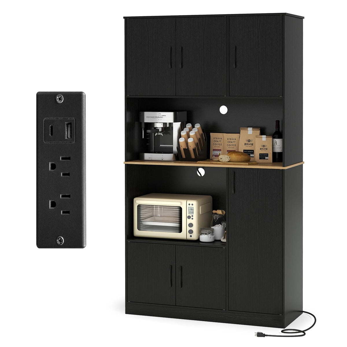 71 inches Tall Kitchen Pantry Cabinet with Charging Station Wooden Buffet Cupboard Sideboard-Black
