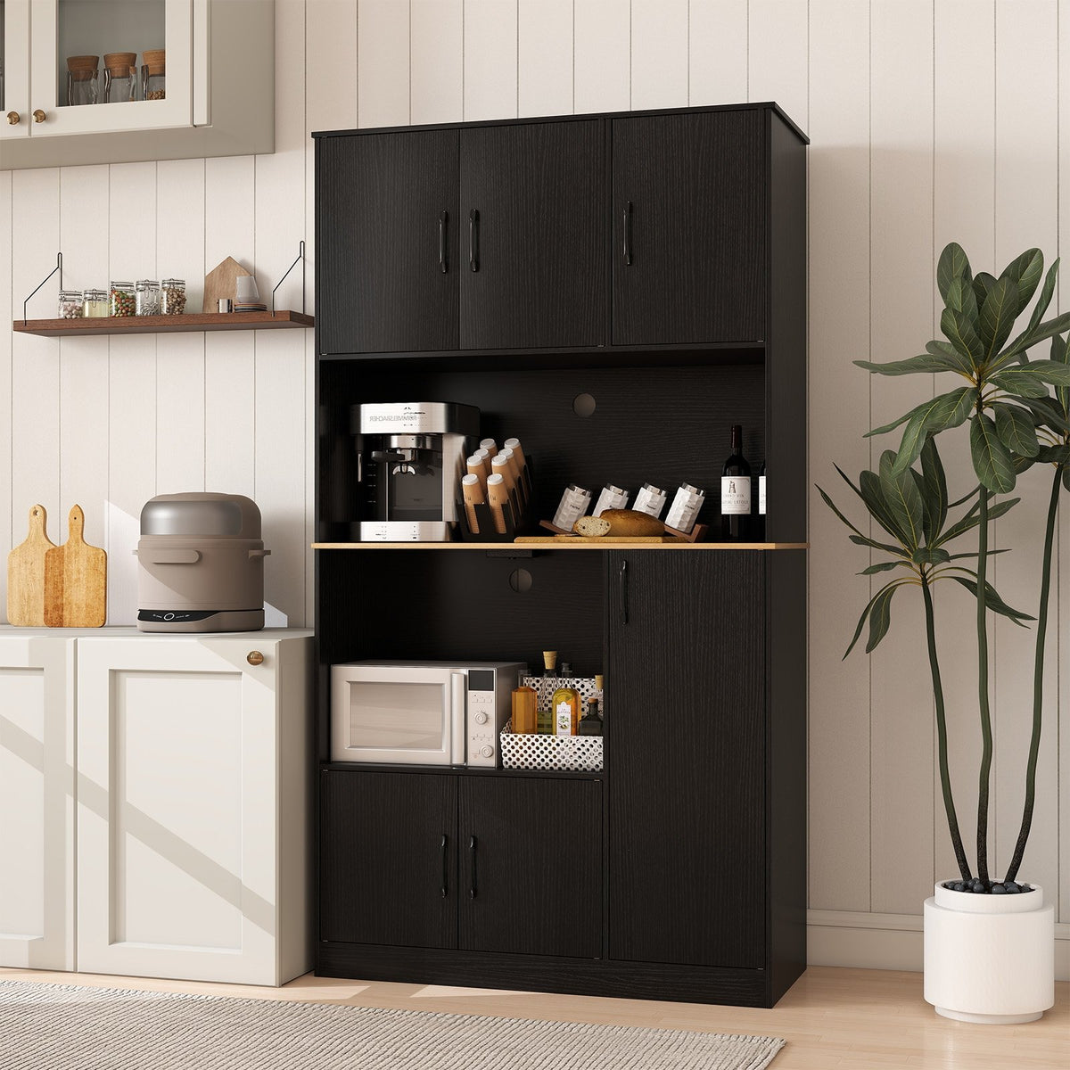 71 inches Tall Kitchen Pantry Cabinet with Charging Station Wooden Buffet Cupboard Sideboard-Black view 2