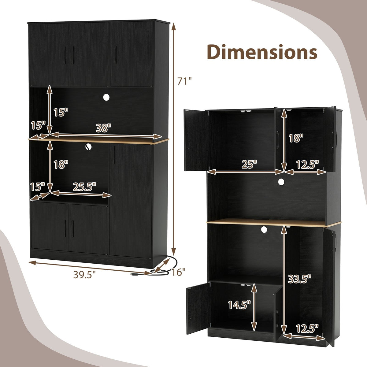 71 inches Tall Kitchen Pantry Cabinet with Charging Station Wooden Buffet Cupboard Sideboard-Black view 4