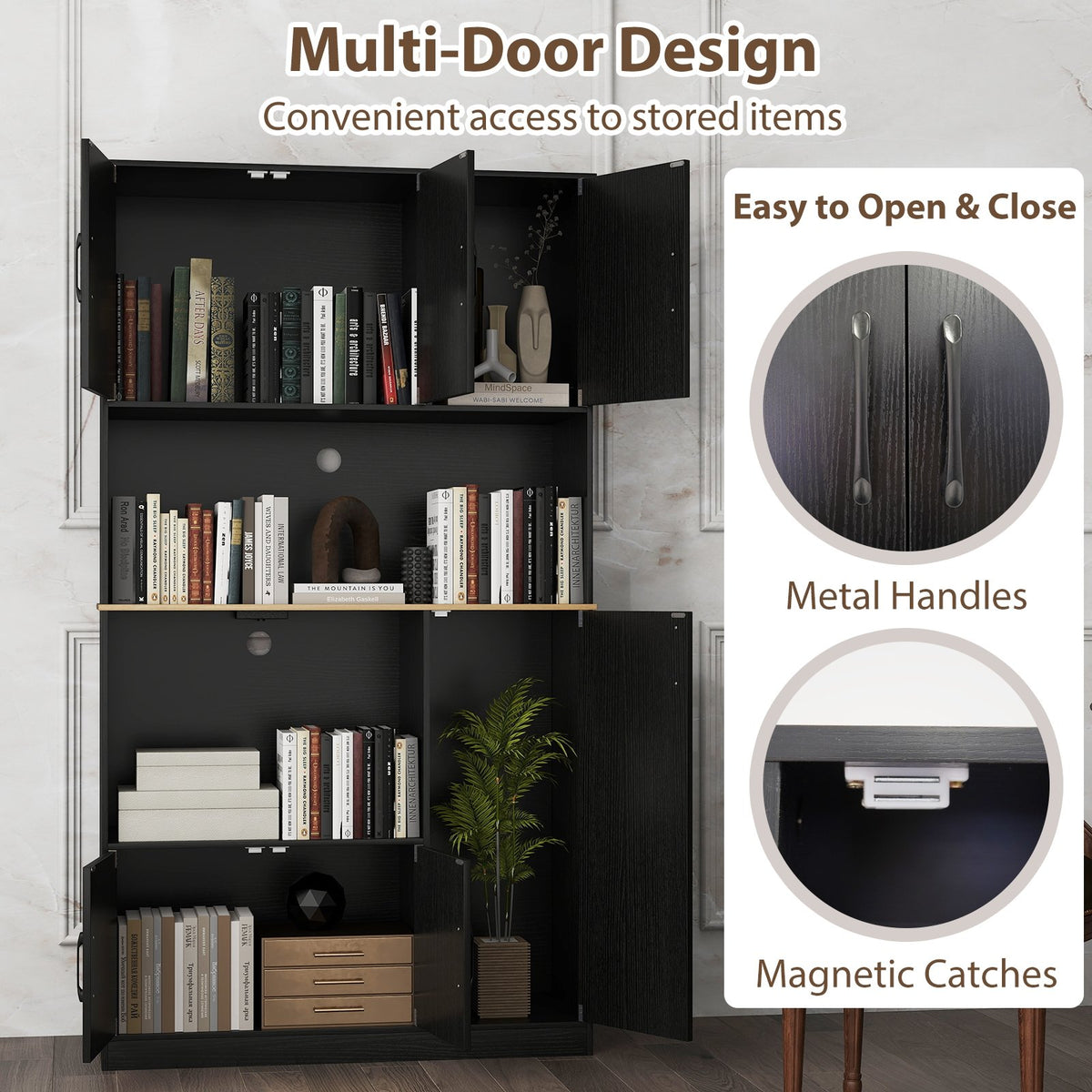 71 inches Tall Kitchen Pantry Cabinet with Charging Station Wooden Buffet Cupboard Sideboard-Black view 9