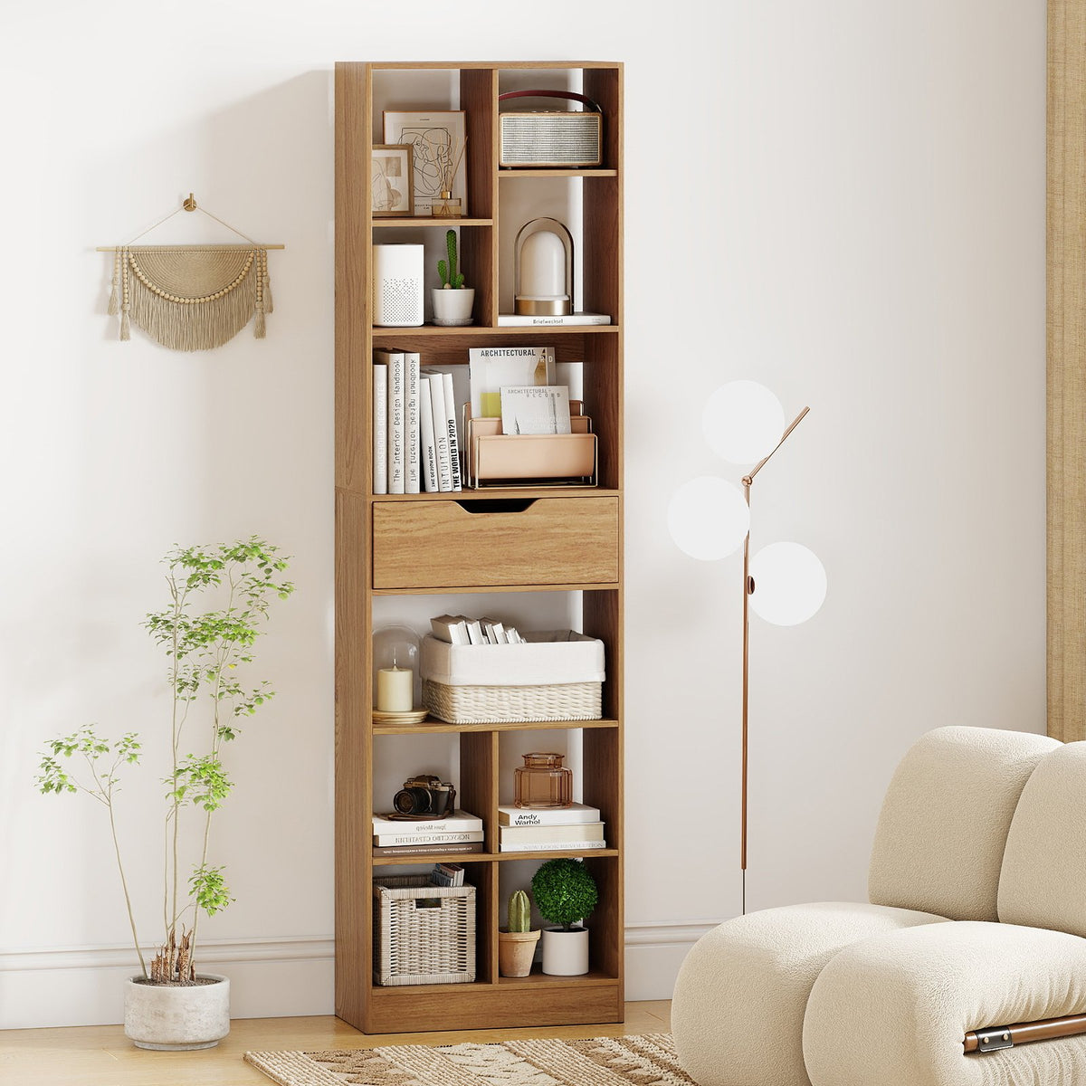 71inch Tall Freestanding Bookcase with Drawer 10-Cube Storage Organizer-Natural view 2