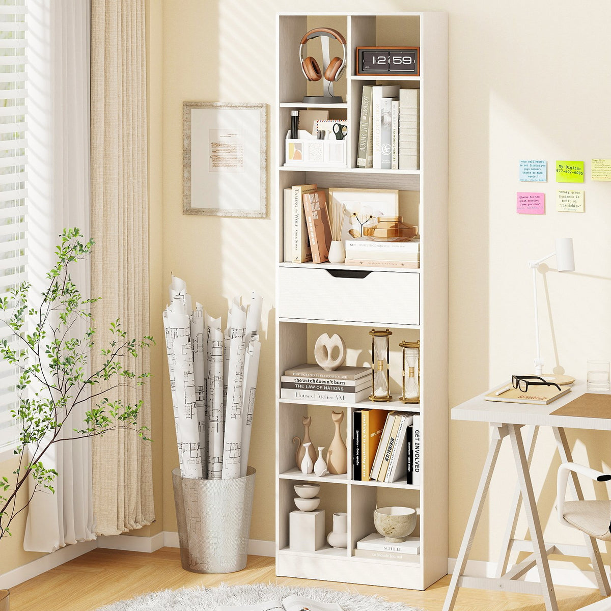 71inch Tall Freestanding Bookcase with Drawer 10-Cube Storage Organizer-White view 3