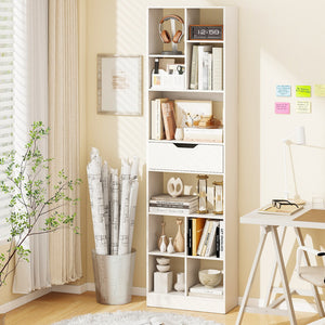 71inch Tall Freestanding Bookcase with Drawer 10-Cube Storage Organizer-White view 3