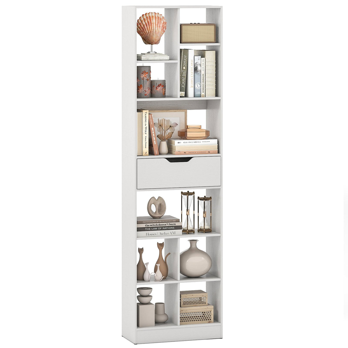 71inch Tall Freestanding Bookcase with Drawer 10-Cube Storage Organizer-White view 6