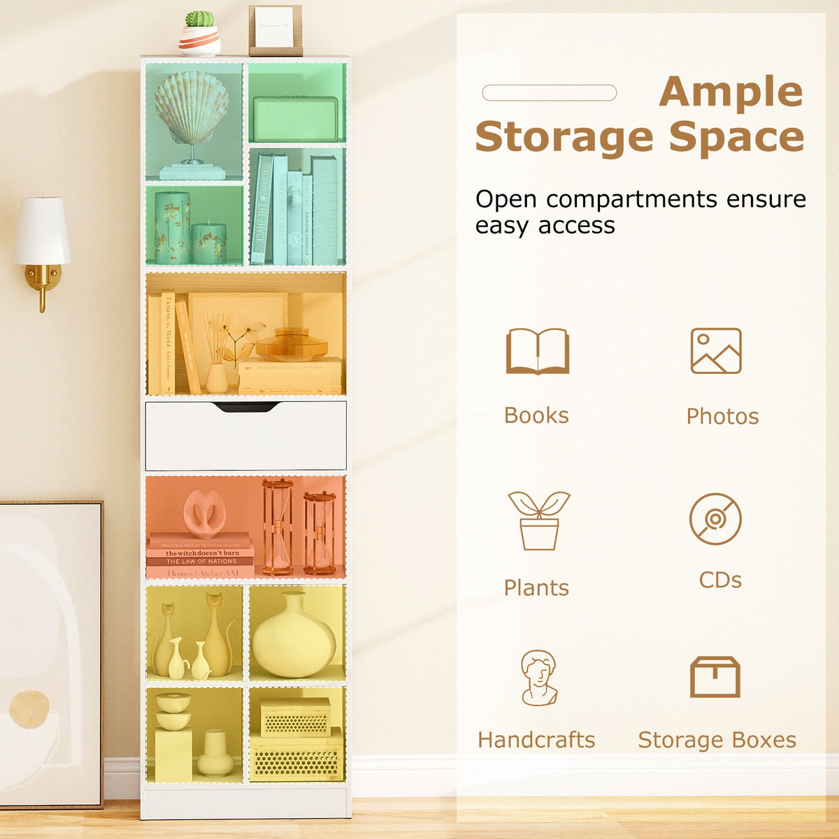 71inch Tall Freestanding Bookcase with Drawer 10-Cube Storage Organizer-White view 7