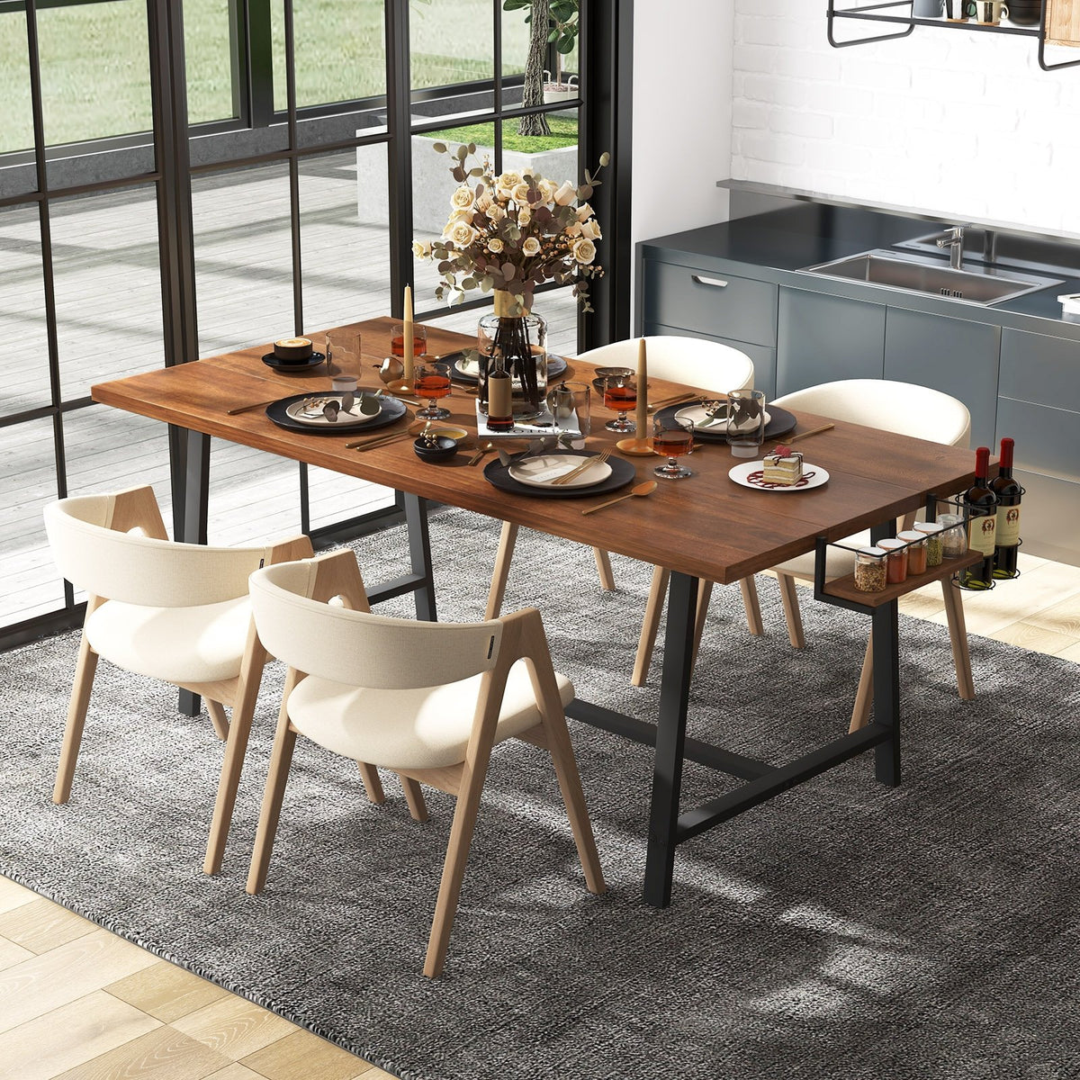 72 Inch Dining Table Rectangular Kitchen Table with 2-Bottle Wine Rack for 5-7-Walnut view 3