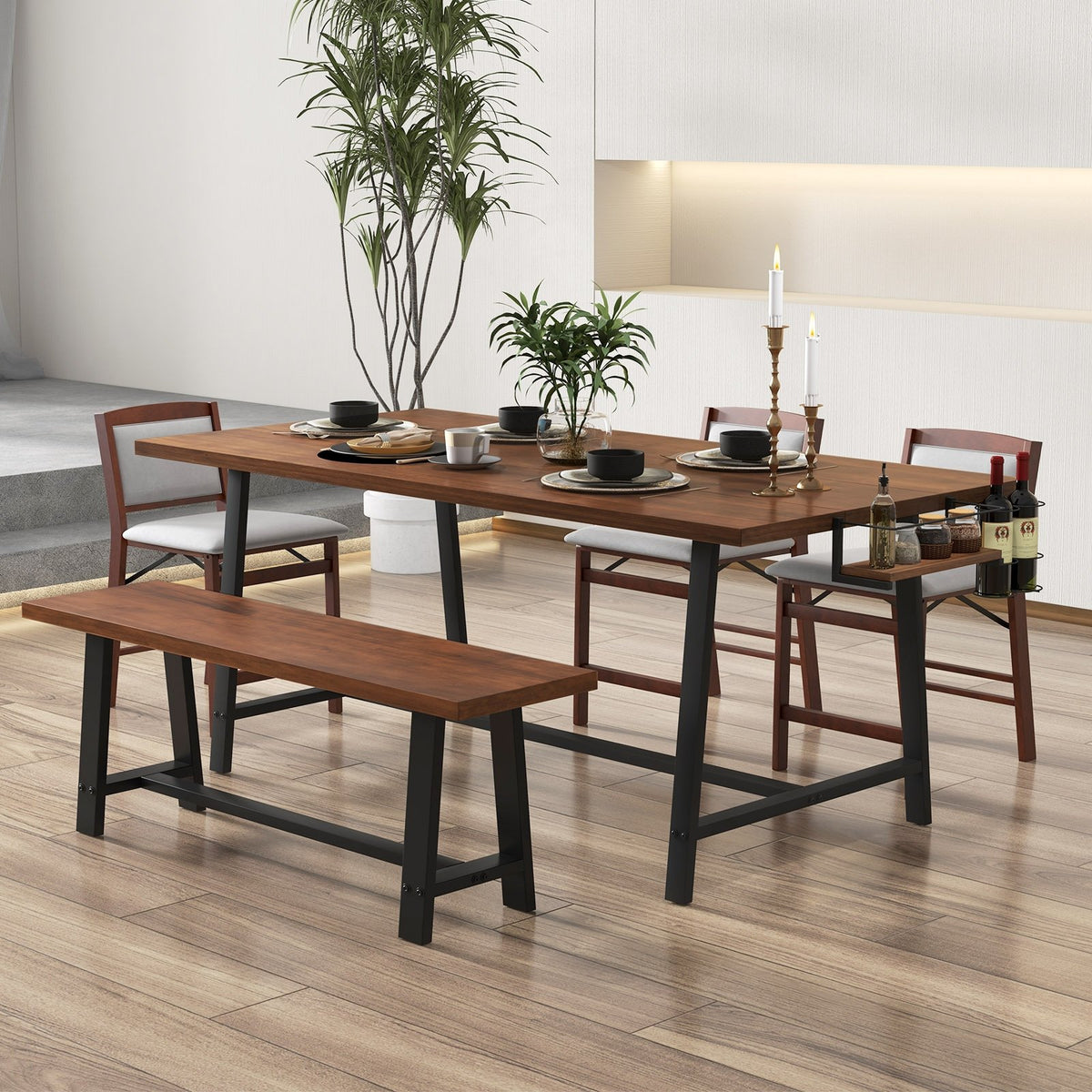 72 Inch Dining Table Rectangular Kitchen Table with 2-Bottle Wine Rack for 5-7-Walnut view 6
