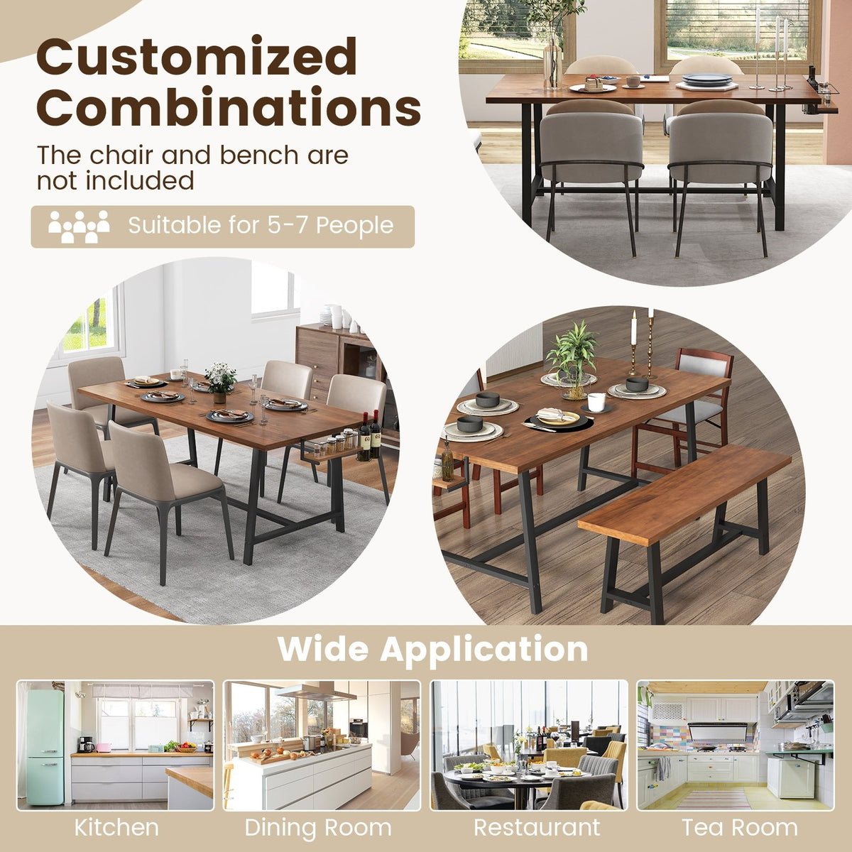 72 Inch Dining Table Rectangular Kitchen Table with 2-Bottle Wine Rack for 5-7-Walnut view 7