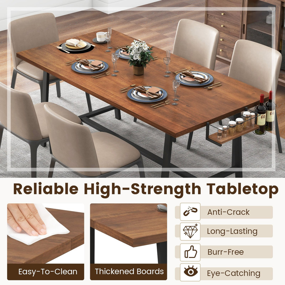 72 Inch Dining Table Rectangular Kitchen Table with 2-Bottle Wine Rack for 5-7-Walnut view 8